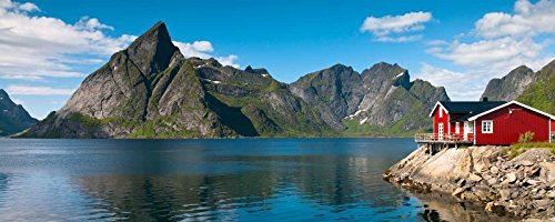 Bild auf gerollter Leinwand, Angelhütten an der Wasserfront, Lofoten, Norwegen Frank Assaf – Küstenhorizontaler Kunstdruck, Farbbild Europa, Angelhütte, Fjord Harbor H 9_X_23_in