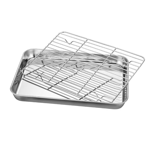Edelstahl-Backblech mit flachem Boden und Gitter-Set, quadratische Grillplatte mit Kühlrost, Tropfpfanne, Backplatte, Grillblech, Backgeschirr (40 x 30 x 2,5 cm)