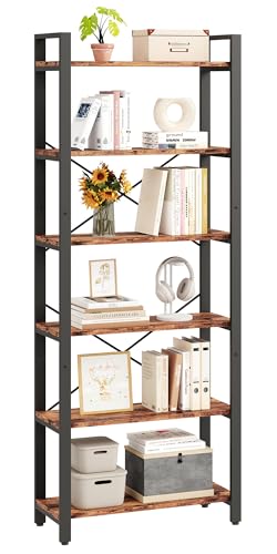 IRONCK 2M Bücherregal, Standregal mit 6 Ebenen, Regal Holz mit Metallrahmen, Büroregal Industriel, offene Ablagen, Bookshelf für Büro, Wohnzimmer, Schlafzimmer, Küche, Vintagebraun Schwarz