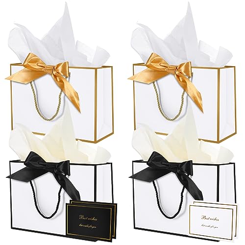 Smivyhp Geschenktüten 4 Stück Papiertüten mit Schleifenbändern mit 4 Grußkarten 10 Taschentuch, Geschenktaschen mit Henkel für Weihnachten Geburtstag Hochzeit Festivalfeier, 28x20x10cm