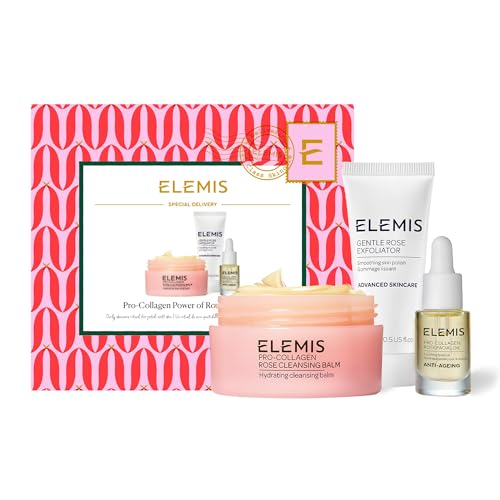 Elemis Limited Edition Rose Brightening Christmas Collection, Luxury Beauty Skincare Gift Set, English Rose Pro-Collagen Cleansing Balm, Gentle Face Exfoliator & Rose Facial Oil in Reisegröße