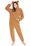 CityComfort Jumpsuit Damen Kuschelig Fleece Onesie Damen Flauschig S-XL (Teddy Braun, S)