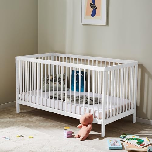 Kids Collective Babybett Kinderbett Gitterbett 70x140 höhenverstellbar & herausnehmbare Sprossen, optional mit Schublade und Matratze | Buchenholz Weiss sehr stabil Made in Europe