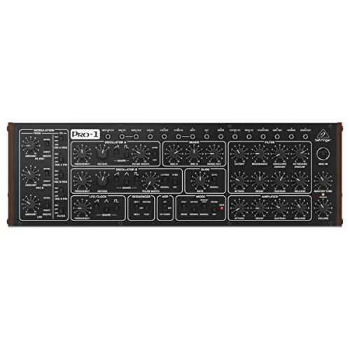 Behringer PRO-1 Analog-Synthesizer mit zwei VCOs, 3 simultanen Wellenformen, 4-Pol-VCF, umfangreicher Modulationsmatrix, 16-stimmiger Poly Chain und Eurorack-Format