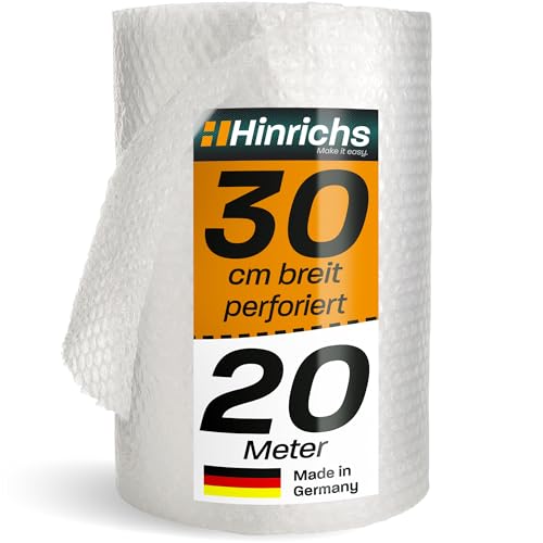 Hinrichs Luftpolsterfolie Rolle 20m x 30cm perforiert - Ideal für Versand, Verpackung und Umzug - 100% recyclingfähig - Bubble Wrap als Verpackungsmaterial - Noppenfolie - Polstermaterial