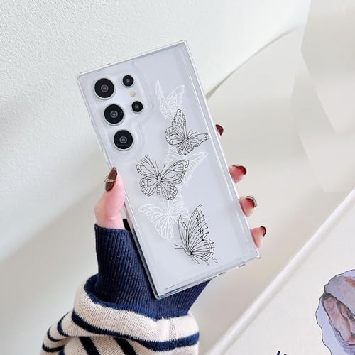 Miagon Schmetterling Serie Handyhülle für Samsung Galaxy S21 FE,Durchsichtig Klares Dünn Weiches Flexible TPU Hülle mit Motiv Schutzhülle,Weiß Schwarz Schmetterling