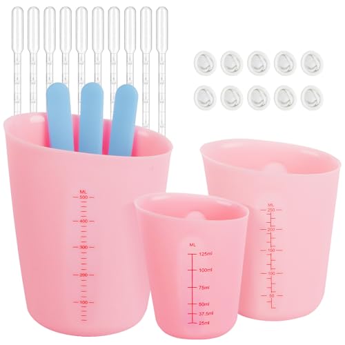 MirraSwit 3 Stück Silikon Messbecher für Raysin, Gips Gießen Zubehör, Silikonbecher zum Gießen, mit Mischstab, Tropfer, Fingerbetten für DIY Basteln Gießformen(125ML/250ML/500ML)