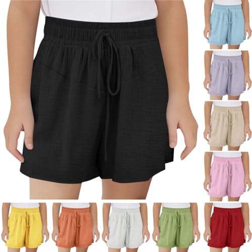 Musselin Shorts Mädchen Sommer Kurze Hose Casual Einfarbig Sporthose Leinen Sommerhose Kinder Hosen Leichte Jogginghose Sport Leinenhose mit Tunnelzug High Waist Freizeithose 3-14 Jahre, 160, Schwarz