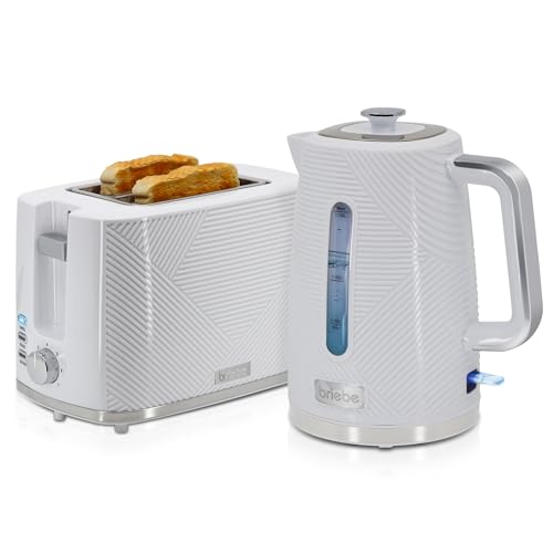 briebe Elegance Set Brot-Toaster, breiter Schlitz, 2 Scheiben, 7 Bräunungsstufen + elektrischer Wasserkocher, 1,7 l, kabellos, 2200 W, schnelles Kochen, BPA-frei, modernes Design, Weiß