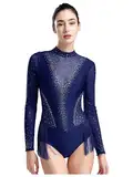 JEATHA Damen Turnbody Turnanzug mit Glitzer Strasssteine Langarm Quaste Bodysuit Eiskunstlauf-Body Mesh Patchwork Gymnastikanzug Ballettanzug Navy blau S