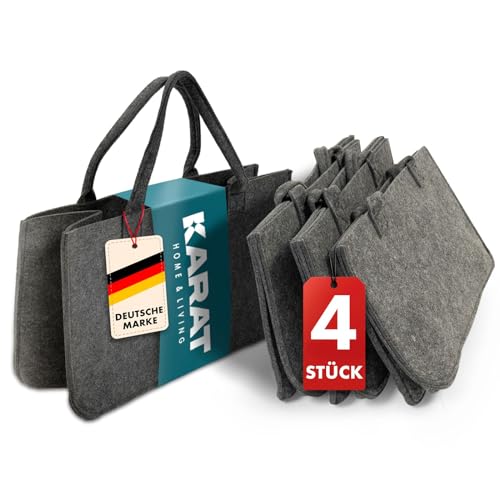 KARAT Filztasche Shopper 4er Set Holzkorb für Kaminholz, robuste Einkaufstasche groß aus Filz universell einsetzbar zum Einkaufen & Aufbewahren, Filzkorb mit Griffen 50x25x25cm, grau 25l Vol. (Conny)