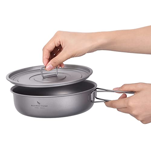 iBasingo 1000ml Titan Bratpfanne Camping Pan mit Klappgriffen & Deckel 19cm Outdoor Leichte Tragbare Grillplatte Wandern Teller Schüssel Küche Geschirr Kochset Kochgeschirr für Fried Ei Steak Ti2065C