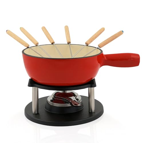 BBQ-Toro Gusseisen Fondue Set für 6 Personen | 2 Liter | Fondueset 9 teilig mit Brenner und Gabeln | Fondue-Set, Käsefondue Set, Fleischfondue Set, Schokofondue Set (rot/Creme emailliert)