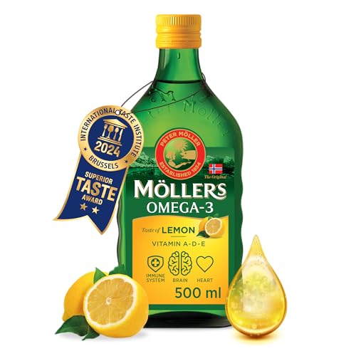 Möller's Omega 3 Lebertran Öl | Nordic Omega 3 Nahrungsergänzung mit EPA, DHA, Vitamin A, D, E | Superior Taste Award | Hochreiner natürlicher | 165 Jahre alte Marke | Zitrone | 500 ML