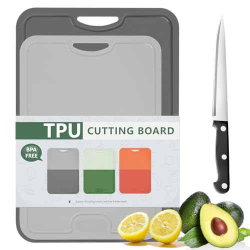 Gintan 2 Pack Flexibles TPU Schneidebrett, BPA-frei, mit Messer- und Saftrille, kratzfeste flexible Schneidebretter für die Küche, spülmaschinenfest, griffiger Griff, rutschfest (GrauM+GrauS)