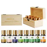 Ätherische Öle Set 8 x 10 ml, Holzkasten Geschenkbox 100% Naturrein Aromatherapie Öl Aromaöl Duftöle, Lavendel, Pfefferminze, Jasmin, Eukalyptus, Vanille, Osmanthus, Süße Orange, Ylang -ylang