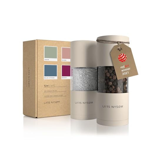 LARS NYSØM Salz und Pfeffer Mühlen Set aus Edelstahl mit einstellbarem Keramik-Mahlwerk 2 Stück I Manuelle Gewürzmühlen mit hochwertigem Design (2 Stk) (Almond Beige)