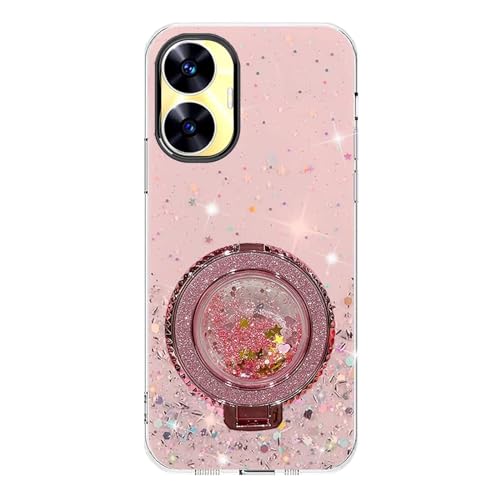 Rnrieyta Miagon Treibsand Ständer Hülle Glitzer für Realme C55,Cute Dünn Crystal Schutzhülle Weiches Bling Transparent Case Bumper mit Flüssig Halter Kickständer