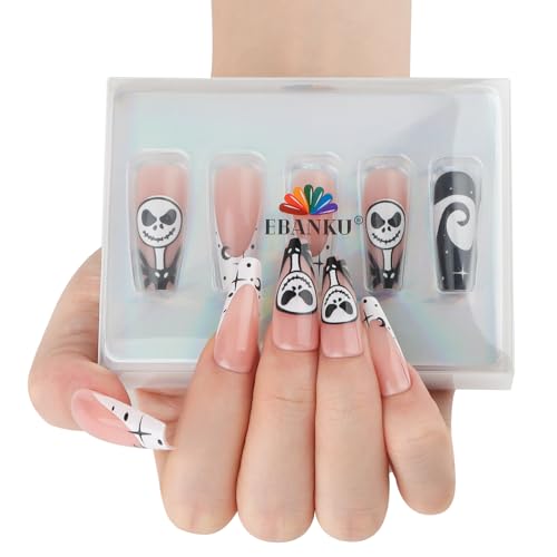 EBANKU 32Pcs rosa Halloween Falsche Nägel, Lange Sarg Presse auf Nägel Niedlichen Geist Französisch Stil, Acryl Vollabdeckung Stick auf Nägel für Frauen Mädchen