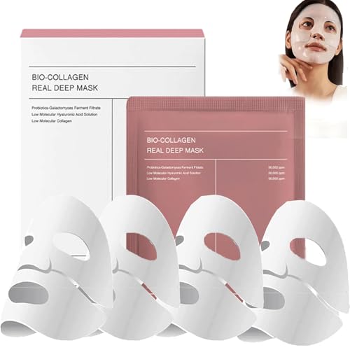 LuGirlre Mask Bio-Collagen, Masque Collagene Mask, Masque Collagene Visage,Bio-Collagen Real Deep Mask,Pore Minimizing Elasticity,4pcs/Box