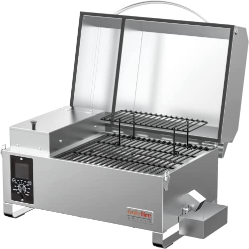 Onlyfire Tragbarer Pellet Grill, Edelstahl Pellet Smoker, 8-in-1-Multifunktion BBQ Pellet Smoker Grill, mit Automatischer Temperaturregelung, LED-Bildschirm, Silbe