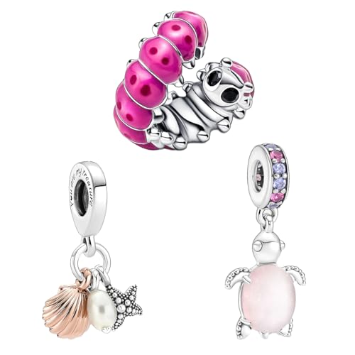 Feitery Ein Satz von drei(Schildkröten Raupen Muschel) Hundepfote Glühwürmche Charms Reisen Kompatibilität für Pandora Armband Herz Anhänger Meerestiere Sommer-Schmuck