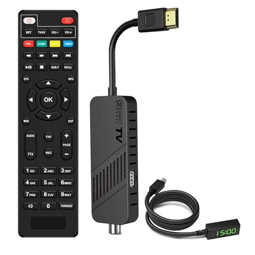 LEYF DVB-T2 Receiver, Full HD 1080P HDMI TV Stick, Versteckt hinter TV, Digitalanzeige, H265 HEVC Main 10 Bit, 2in1 Universal Fernbedienung, USB