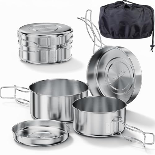 Bestargot Camping Kochtopf und Topfset Camping, Edelstahl Camping Kochset und Kochgeschirr Set (900ml + 600ml), 4-teiliges faltbares Outdoor Kochgeschirr, Wandern und Campingkocher