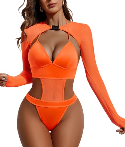 Avidlove Rave Outfits für Damen Sexy Dessous Bodysuit Schnalle Achselzucken Bauchfreies Top Set Orange M