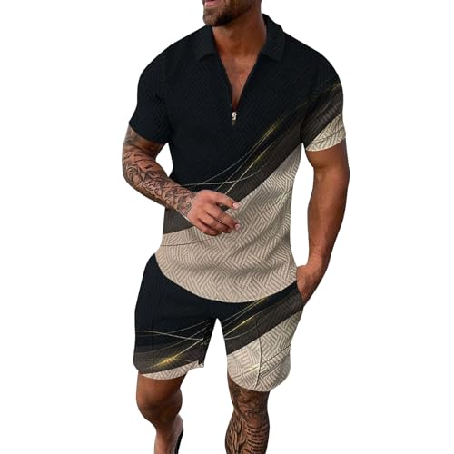 Herren Trainingsanzug Set Bequem Sommer Outfit Herren Leichte Bedruckter Polo Hemd Set Atmungsaktive Jogginganzug mit Reißverschluss Sportanzug 2 Teiliges Freizeitanzug Baggy Strand Zweiteiliges Set