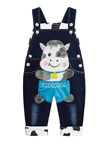 KIDSCOOL SPACE Baby süße Jeans-Overalls, Kleinkind 3D Kuh-Dekor gestrickte Jeanshose,Blau,6-12 Monate