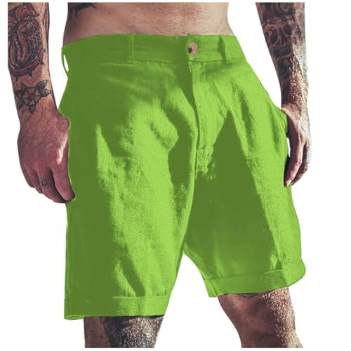 QWUVEDS Kurze Hosen Herren Herren-Shorts Leinen, klassisch, schmal, lässig, elastische Taille, Sommer-Strand-Shorts Neon Gelb Herren Shorts (Green, L)