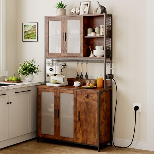 Dripex Küchenschrank 181cm Hoher Buffetschrank mit Arbeitsplatte, mit Steckdosen, Vorratsschrank Küche mit 5 Türen und eine Schublade, Hochschrank Küche für Wohnzimmer Esszimmer Bar, Industrie-Design