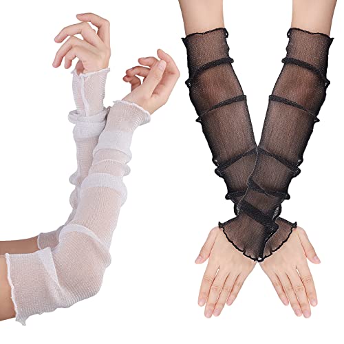 2 Paar Armstulpen Damen Kühlung Arm Ärmel Lange Ultradünne Fingerlose Ellbogen Sommerhandschuhe Sonnenschutz UV Schutz Kühles Netz Tül Fingerlose Armstulpen Perfekt Party Outdoor Sportaktivitäten