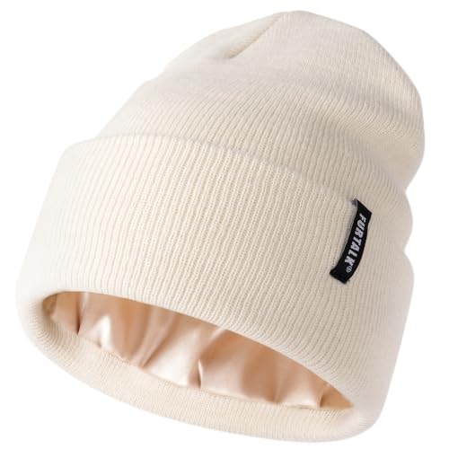 FURTALK Damen Satin gefüttert Stricken Beanie Hut Acryl Wintermützen für Frauen Männer Seide Futter weich Slouchy warm Cuffed Beanie Hut