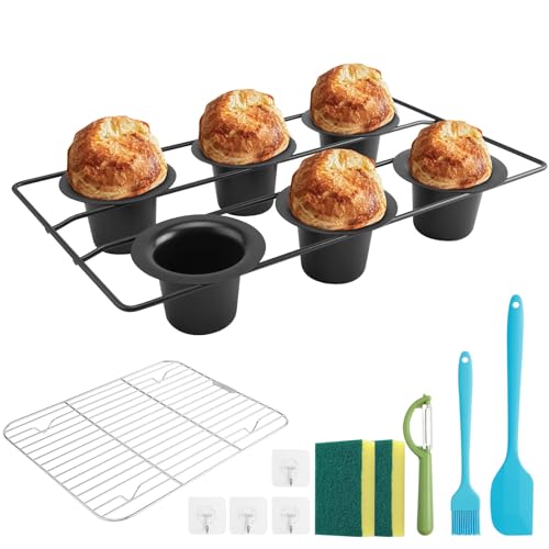 AZSEUOR Tiefe Popover-Pfannen zum Backen, professionelle Materialien, 6 Tassen, antihaftbeschichtet, stabil, Muffinformen, Sets mit 7 Pfannenwendern, Schäler, Backpinsel, Backregal, Reinigungspad,