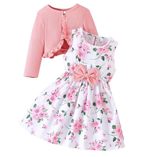 Mädchen Kleid mit Langarm Strickjacke Kinder Sommer Kleider Blumen A-Linie Partykleider(6-7 Jahre,Rosa)