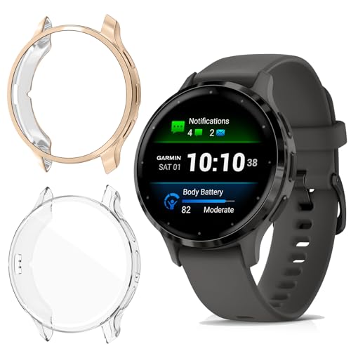 ToVioc [2 Stück] Hülle mit Schutzfolie Kompatibel mit Garmin Venu 3S, Anti-Kratzfest, Vollschutz Shell, Flexible TPU Schutzhülle für Garmin Venu 3S - Roségold & Transparent