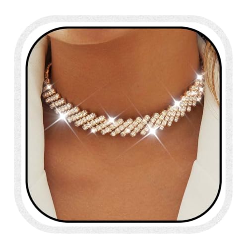 Reaky Strass-Halsketten, silberne Kristall-Halskette, funkelnde Halskette, Schmuck-Accessoires für Frauen (Gold)