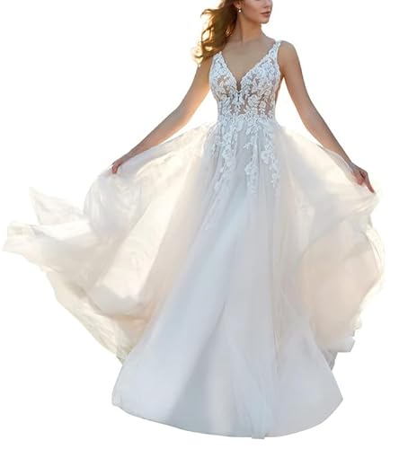 JAEDEN Brautkleid Damen Spitzen A-Linie Hochzeitskleid mit Tüll Prinzessin Brautmode Standesamtkleid Ärmellos V-Ausschnitt Elfenbein 36