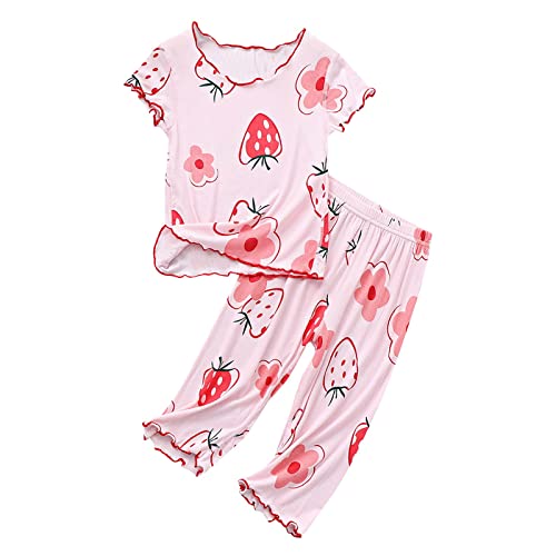 Kinder Schlafanzug aus Modal Mädchen kurz Ärmelloser Hochwertiger und bequemer Schlafanzug aus Baumwoll Modal Mix Zweiteilig Nachtwäsche Pyjamaset für Mädchen (Pink, 2-3 Years)