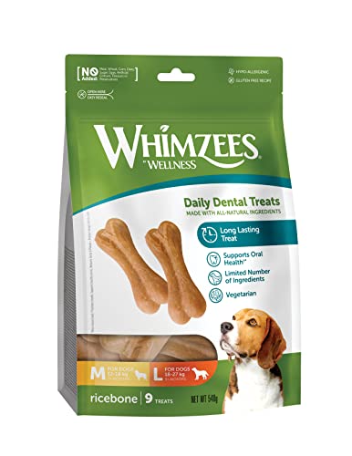 WHIMZEES Reisknochen, natürliche, glutenfreie Zahnpflegesnacks, Kauknochen für große Hunde, 9 Stück, Größe M/L