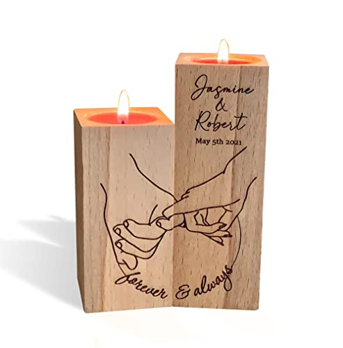 Personalisierter Kerzenhalter aus Holz mit Gravur Händchen Halten Freundschaft Paare Motiv - Set 2 Teelichthalter mit Namen und Datum Kerzenleuchter, Liebe, Partner Geschenk für Hochzeit Valentinstag