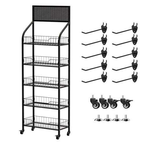 Kleinsüßigkeits-Ausstellungsstand, 5-stöckiges Snackregal aus schwarzem Metall mit Rädern, 170 cm großes Brotregal mit 10 Haken, robustes und abnehmbares Chipsregal für Geschäfte, Küchen, Büros