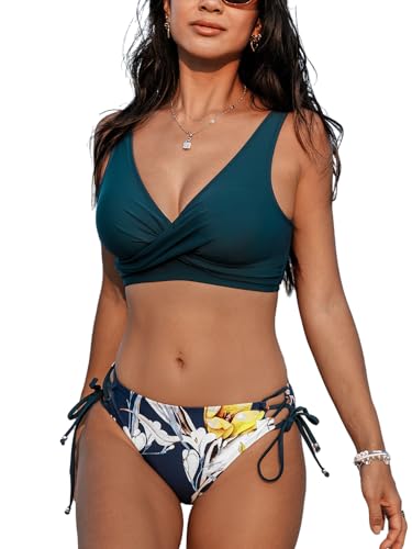 CUPSHE Damen Bikini Set V Ausschnitt Crossover Lace Up Tank Bikini Low Waist Tropical Print Bademode Zweiteiliger Badeanzug Swimsuit Türkisblau/Gelb L