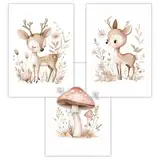 Kinderzimmer Wandbilder, Waldtiere, 3er Set Din A4 (21x30cm), Rehe und Fliegenpilz, Rose und Beige, Aquarell Kunst, Babyzimmer Deko, Kinderzimmer Deko, für Mädchen, OHNE RAHMEN (Din A4)