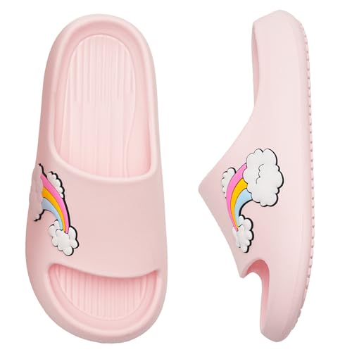 WateLves Badelatschen Kinder Badeschlappen Mädchen Jungen Dusch Badeschuhe Strand Hausschuhe Weiche Dicke Sohle rutschfest Schlappen für Drinnen und Draußen(Regenbogen 32/33EU)