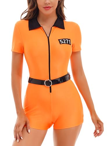 Xnihocha Erwachsene Damen Gefangenen Prisoner Kostüm Kurzarm Sträfling Jumpsuit mit Gürtel Gefängnisstrafer Cosplay Karneval Orange S