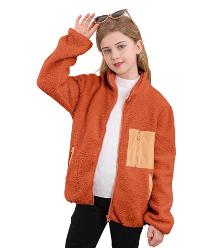 ALISISTER Unisex Sherpa-Fleecejacke mit Durchgehendem Reißverschluss Braun Flauschiger Mantel mit Tasche für Herbst Winter Oberbekleidung für Kinder von 7–8 Jahren