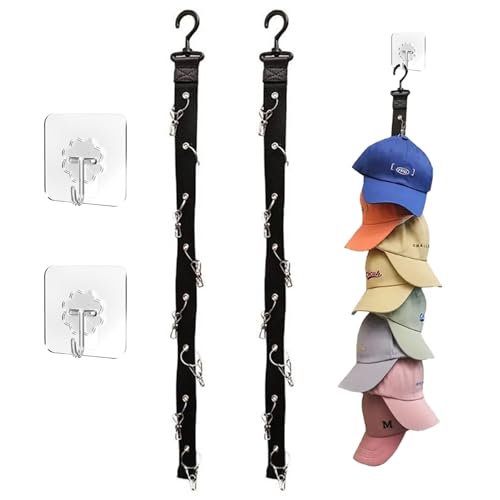 KASESSS 2 Stück Cap Halter, Praktisch Cap Halterung Wand, Kappenhalter mit 16 Clips, Cap Organizer mit 2 Haken Selbstklebend, Aufhängen Cap Aufbewahrung, Cap Holder für Baskenmütze, Basecap, Sonnenhut